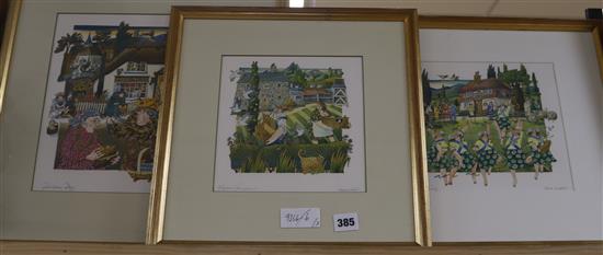 C.J. Archer, 3 watercolours, Pension Day, The Daisy Girls and Pigeon Fanciers, signed, largest 27 x 27cm